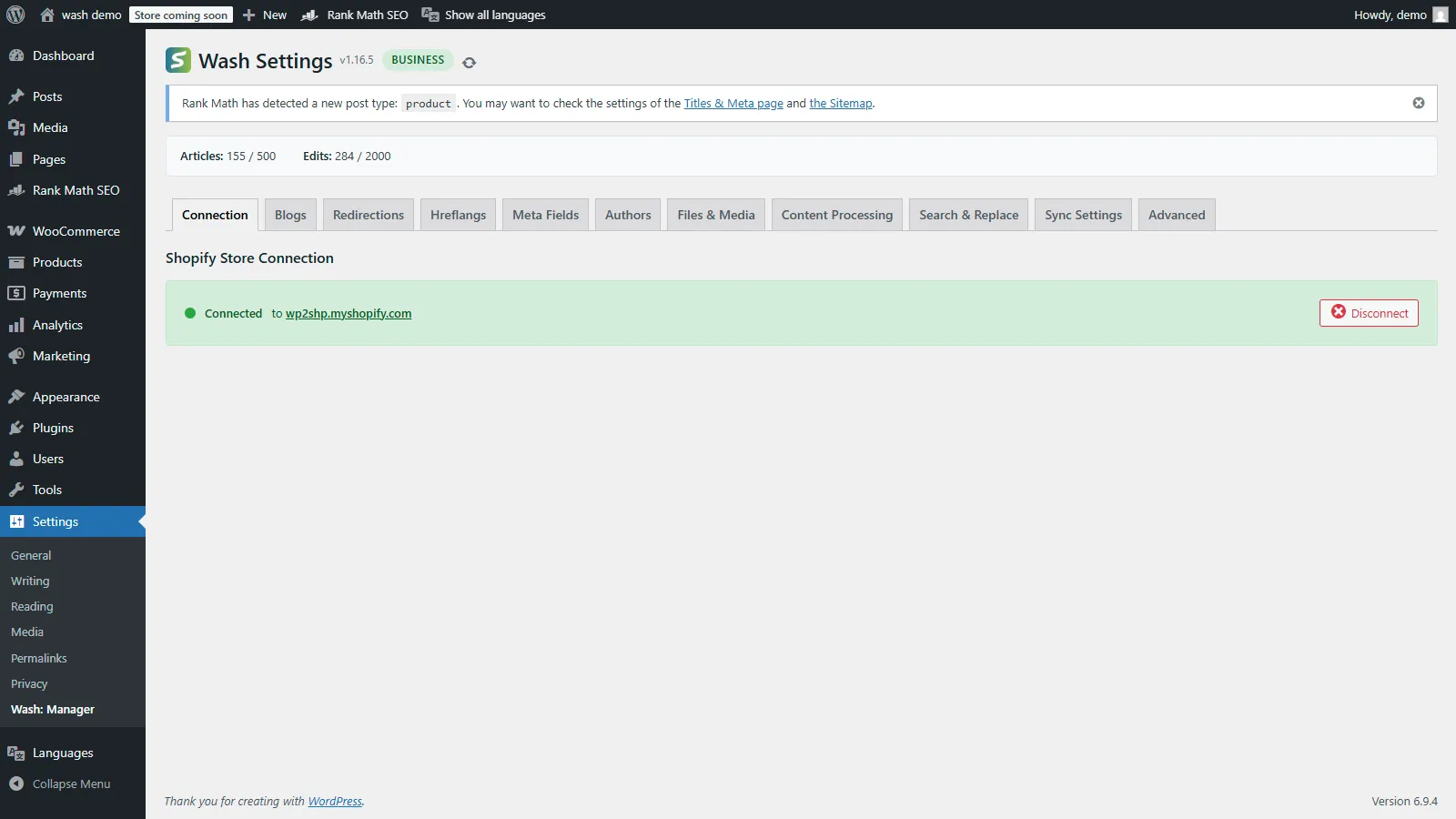 Wash Connection Settings in WordPress