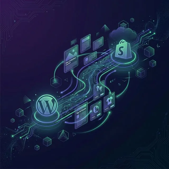 WordPress and Shopify connected by flowing data streams with content cards
